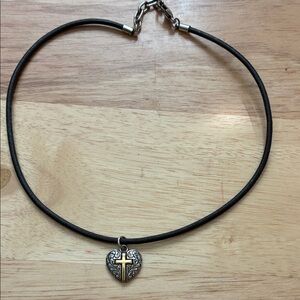 Black Leather Necklace with Silver Heart Pendant